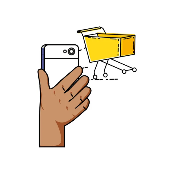 Рука за допомогою смартфона з кошиком — стоковий вектор