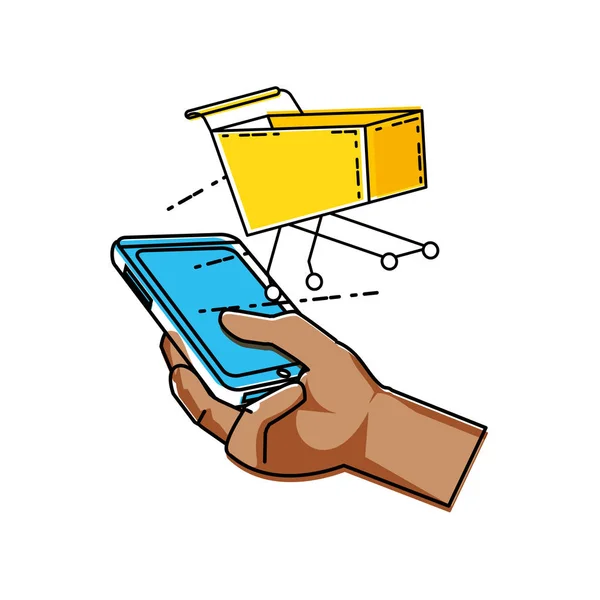 Χέρι χρησιμοποιώντας smartphone με καλάθι αγορών — Διανυσματικό Αρχείο