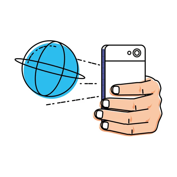Mão usando smartphone com navegador esfera — Vetor de Stock