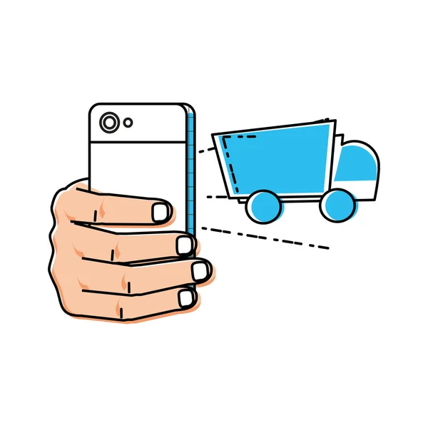 Hand using smartphone with delivery truck — Stock Vector