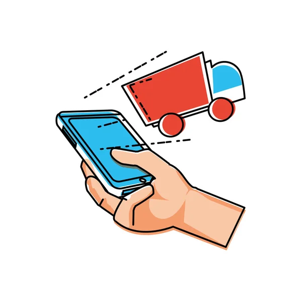 Main en utilisant smartphone avec camion de livraison — Image vectorielle