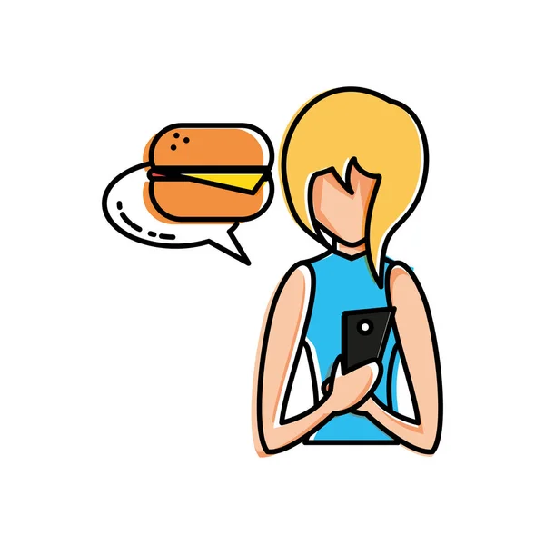 Kobieta za pomocą smartphone zakupy burger — Wektor stockowy