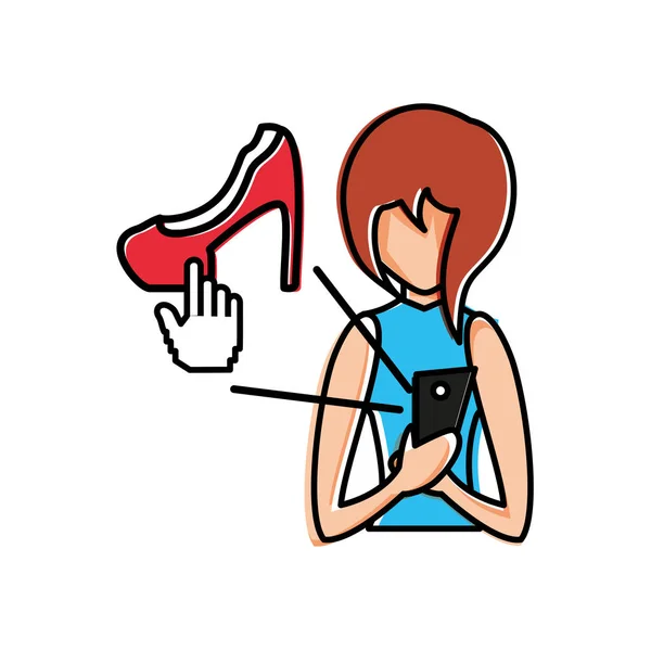 Vrouw met behulp van smartphone kopen van schoenen — Stockvector