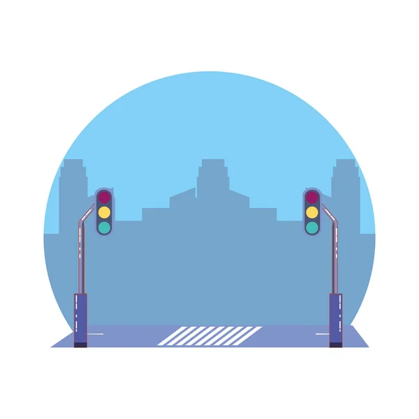 City road with traffic light scene icon — Stock Vector