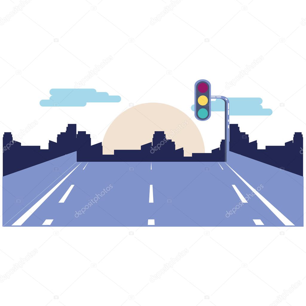 city road with traffic light scene icon