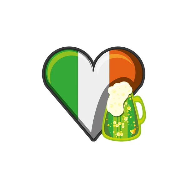 Bière en pot avec drapeau irlandaise en forme de coeur — Image vectorielle