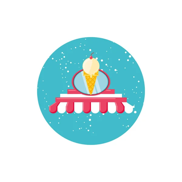 Delicious ice cream in cone with parasol store — Stock Vector