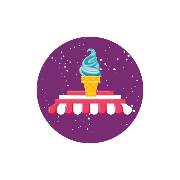 Delicioso helado en cono con sombrilla tienda — Vector de stock