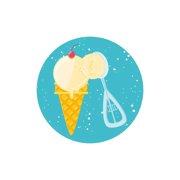Delicioso sorvete em cone com colher — Vetor de Stock