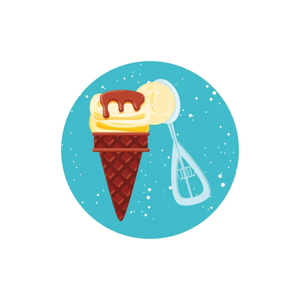 Delicioso sorvete em cone com colher —  Vetores de Stock