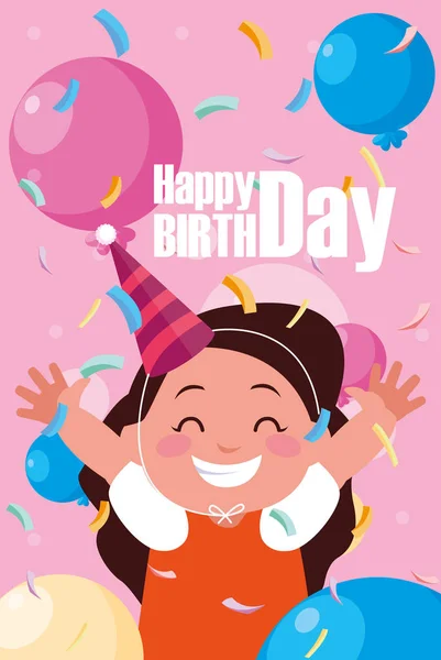 Tarjeta de cumpleaños con niña celebrando — Vector de stock