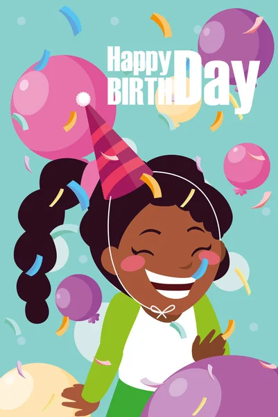 Листівка на день народження з маленькою чорною дівчинкою, що святкує — стоковий вектор