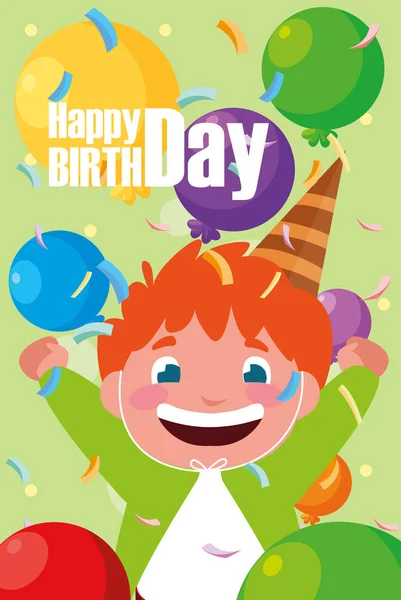 Tarjeta de cumpleaños con niño pequeño celebrando — Vector de stock