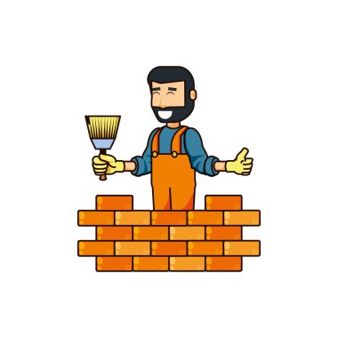 İnşaat işçisi boya fırça ve duvar tuğla ile