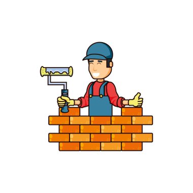 İnşaat işçisi boya silindiri ve duvar tuğla ile