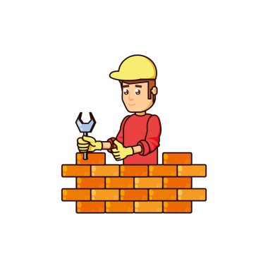 İngiliz anahtarı aracı ve duvar tuğla ile inşaat işçisi