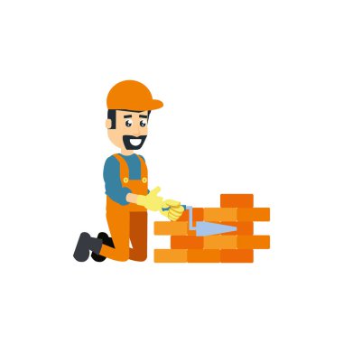 İnşaat işçisi spatula aracı ve duvar tuğla ile