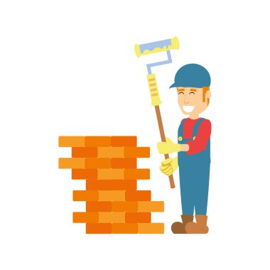 İnşaat işçisi boya silindiri ve duvar tuğla ile