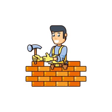 İnşaat işçisi çekiç aracı ve duvar ile