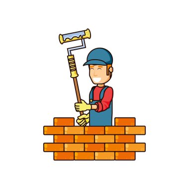 İnşaat işçisi boya silindiri ve duvar tuğla ile