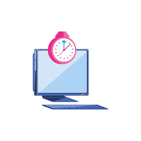 Computadora de escritorio con alarma de reloj — Vector de stock
