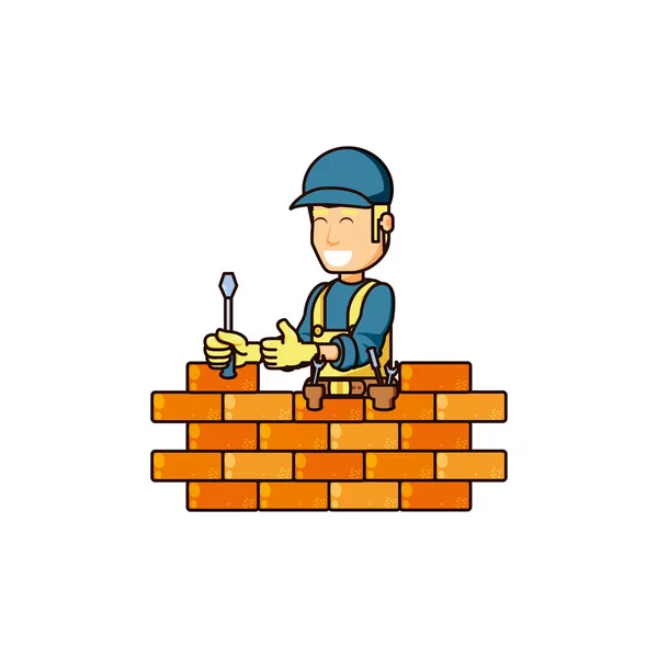 Trabalhador da construção civil com ferramenta chave de fenda e tijolo de parede — Vetor de Stock