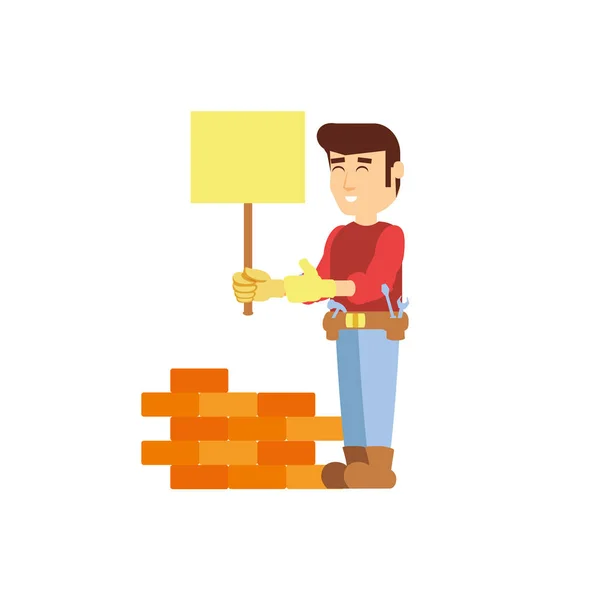 Construction worker with banner signal and wall brick — Stock Vector