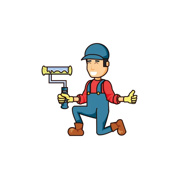 Trabajador de la construcción con rodillo de pintura — Vector de stock