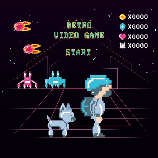 Clássico vídeo game cena com guerreiro e animal — Vetor de Stock
