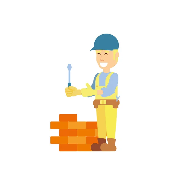 Trabalhador da construção civil com ferramenta chave de fenda e tijolo de parede — Vetor de Stock