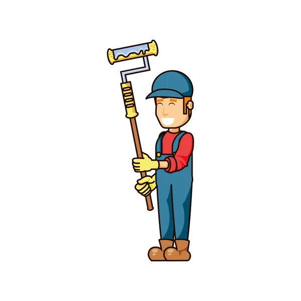 Trabajador de la construcción con rodillo de pintura — Vector de stock