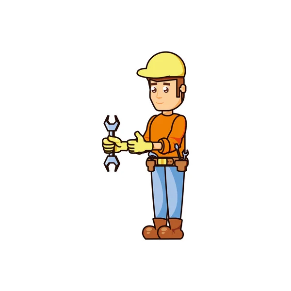 Trabalhador da construção com ferramenta chave inglesa — Vetor de Stock