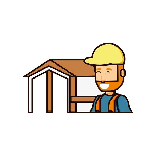Construction worker with wooden house structure — Stock Vector