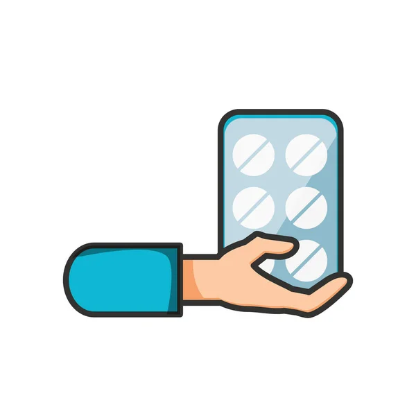 Hand Mit Pillen Tablette Medizin Isoliert Symbol Vektor Illustration Design — Stockvektor