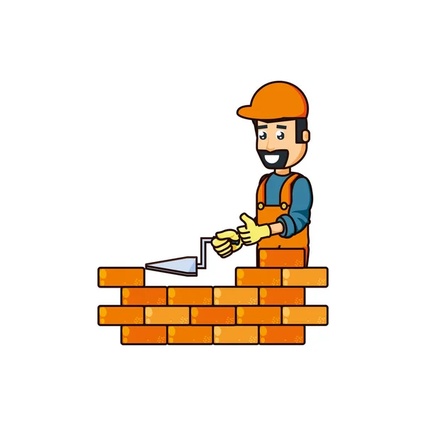 Construction worker with spatula tool and wall brick — Stock Vector