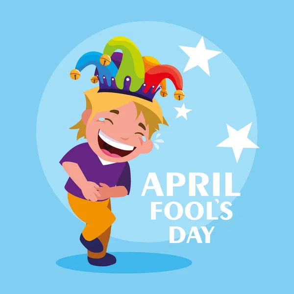 Lycklig pojke med joker hatt dårar april dag-kort — Stock vektor