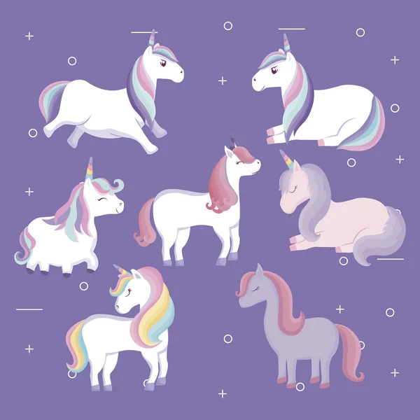 Sekelompok binatang unicorn yang lucu - Stok Vektor