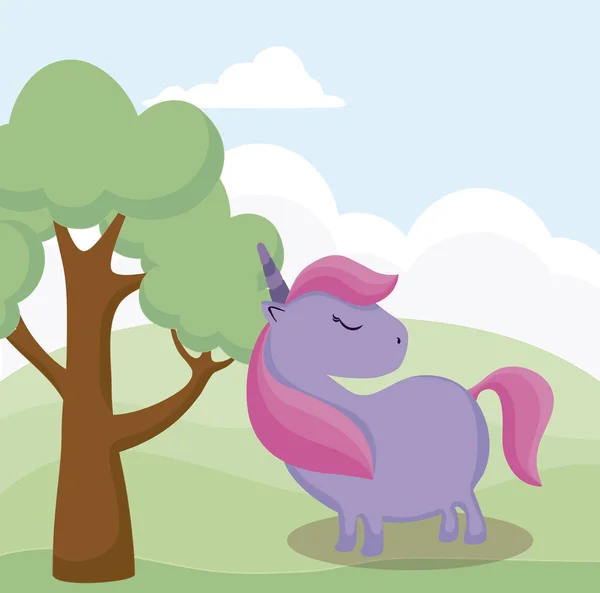 Unicorn lucu hewan dengan lanskap - Stok Vektor