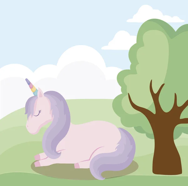 Unicorn lucu hewan dengan lanskap - Stok Vektor