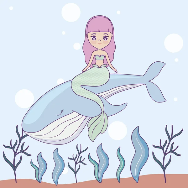 Cute mermaid with whale in the sea — Stock Vector