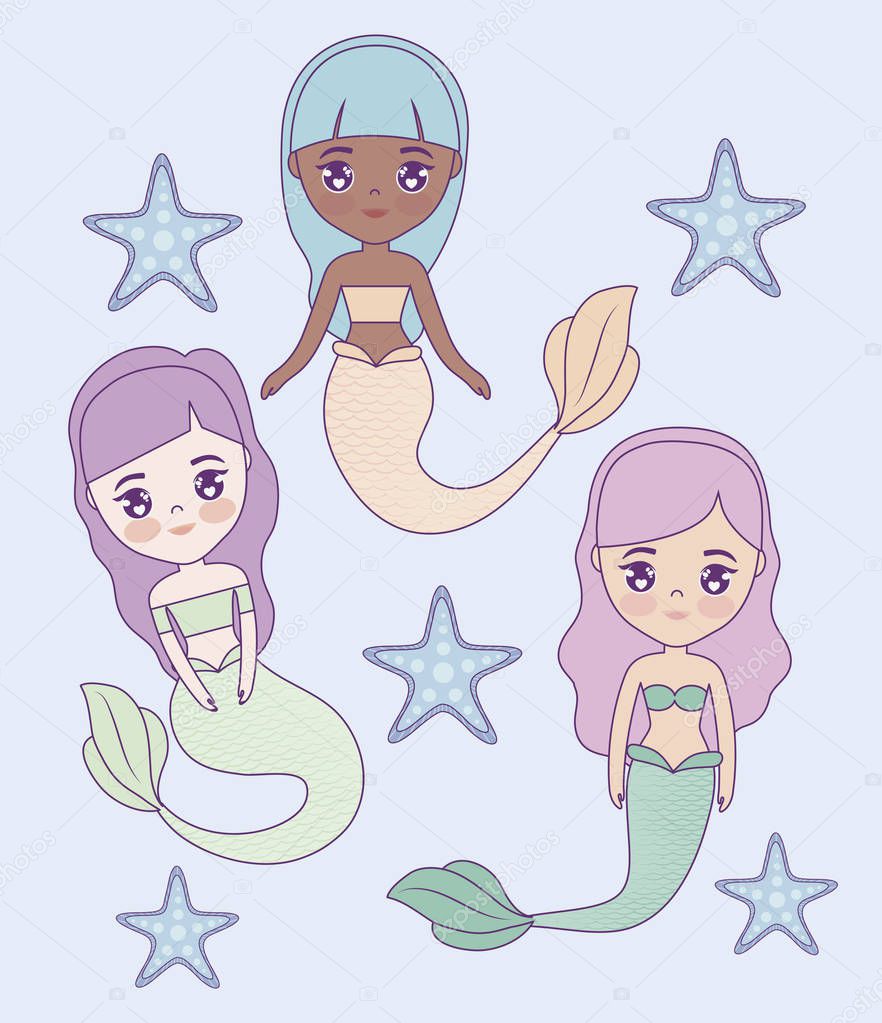 group of cute mermaids with starfishes