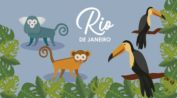 Karnaval Rio Janeiro Kartı Ile Egzotik Hayvanlar Vektör Çizim Tasarım — Stok Vektör