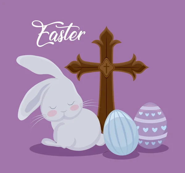 Tarjeta feliz día de Pascua con conejo lindo y cruz — Vector de stock