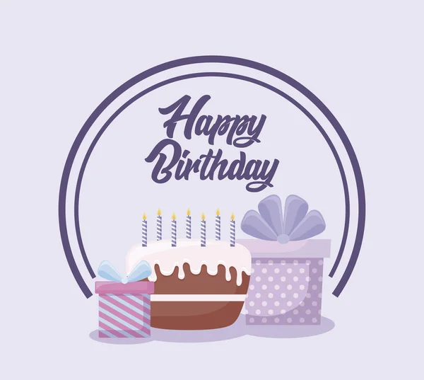 Tarjeta de cumpleaños feliz con pastel dulce y cajas de regalo — Vector de stock