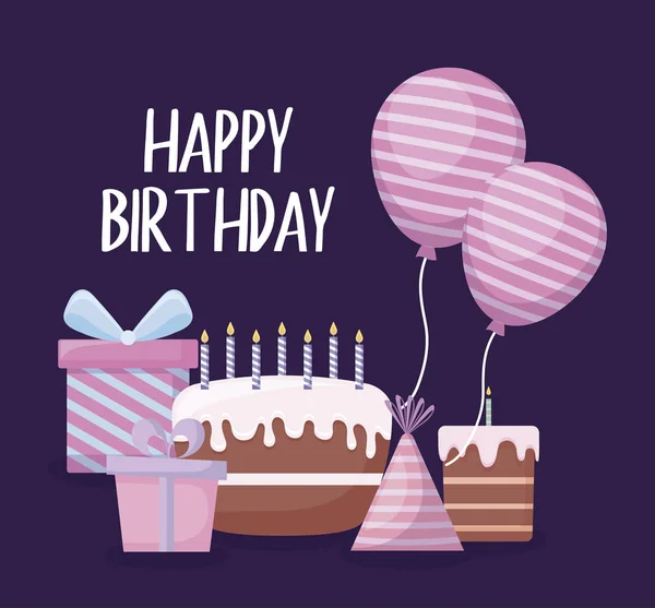 Karta urodzinowa z słodkie ciasto i ikony — Wektor stockowy