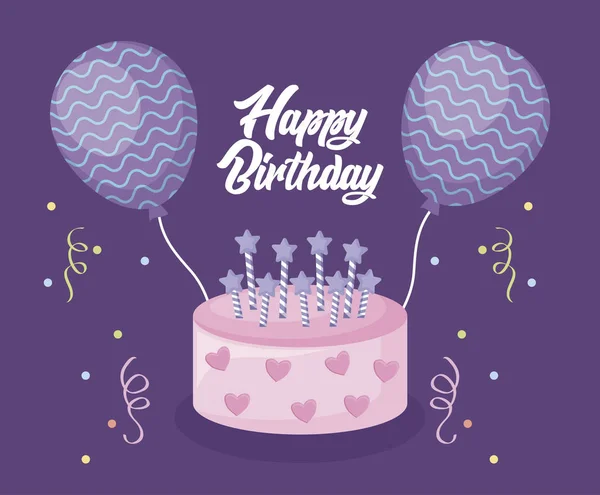 Tarjeta de cumpleaños feliz con pastel dulce y helio globos — Vector de stock