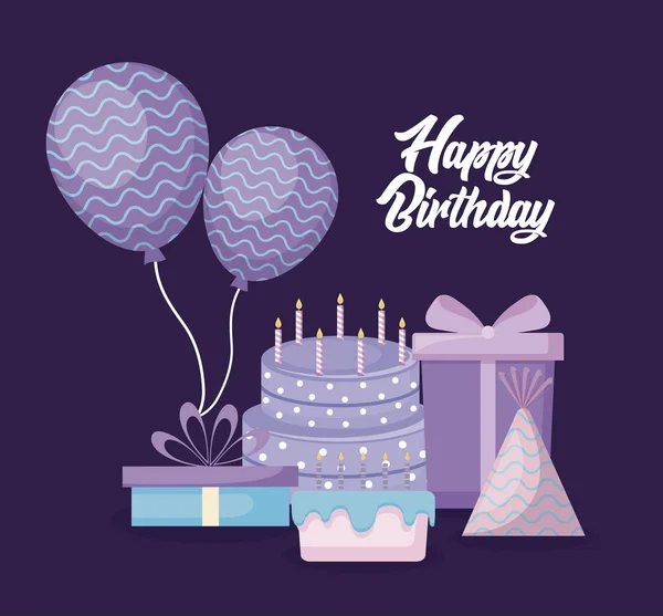 Tarjeta de cumpleaños feliz con pastel dulce y establecer iconos — Vector de stock