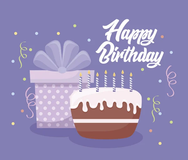 Karta urodzinowa z słodkie ciasto i dar pole — Wektor stockowy