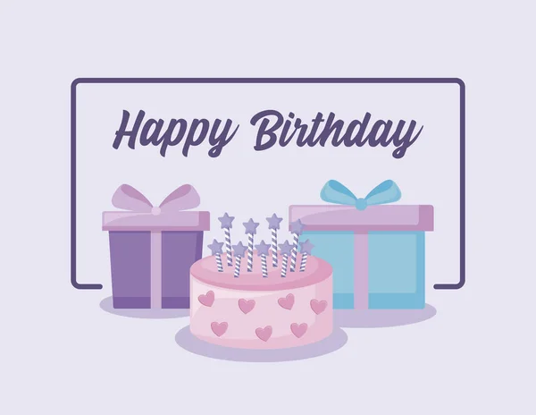 Tarjeta de cumpleaños feliz con pastel dulce y cajas de regalo — Vector de stock