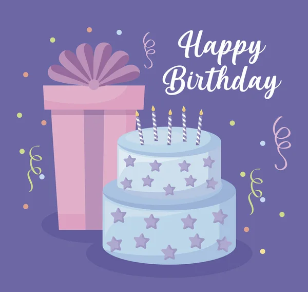 Glückwunschkarte zum Geburtstag mit süßem Kuchen und Geschenkbox — Stockvektor